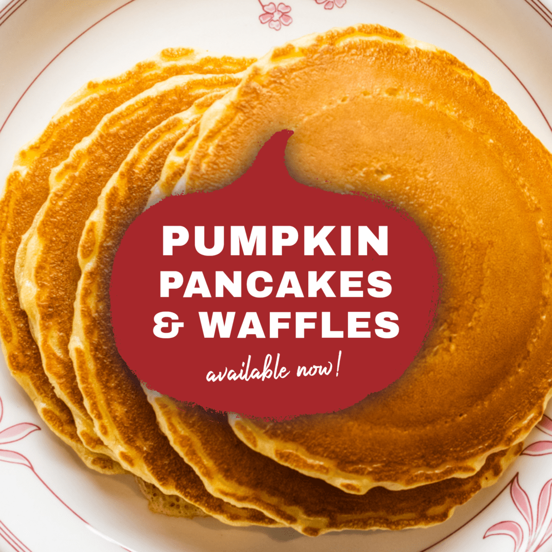 A plate of pancakes and waffles with the words " pumpkin pancakes & waffles " on it.