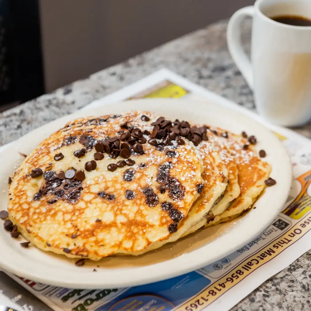 A plate of pancakes with chocolate chips on top.